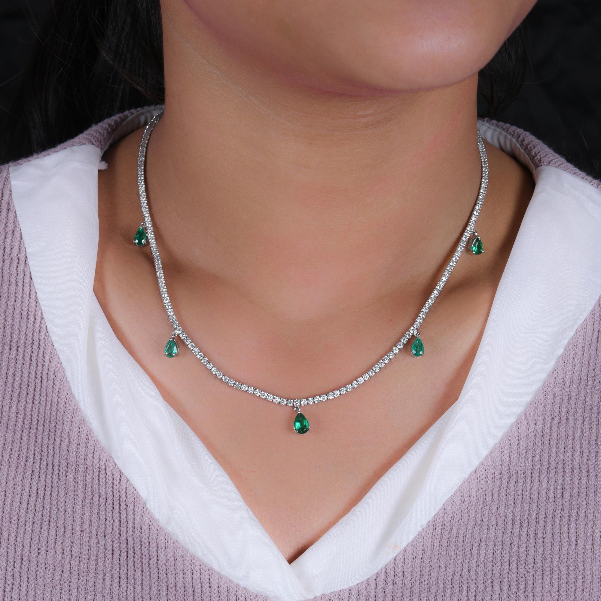 Pear Cut Pear Zambian Emerald Gemstone Charm Necklace Diamond 18 Karat White Gold Jewelry For Sale