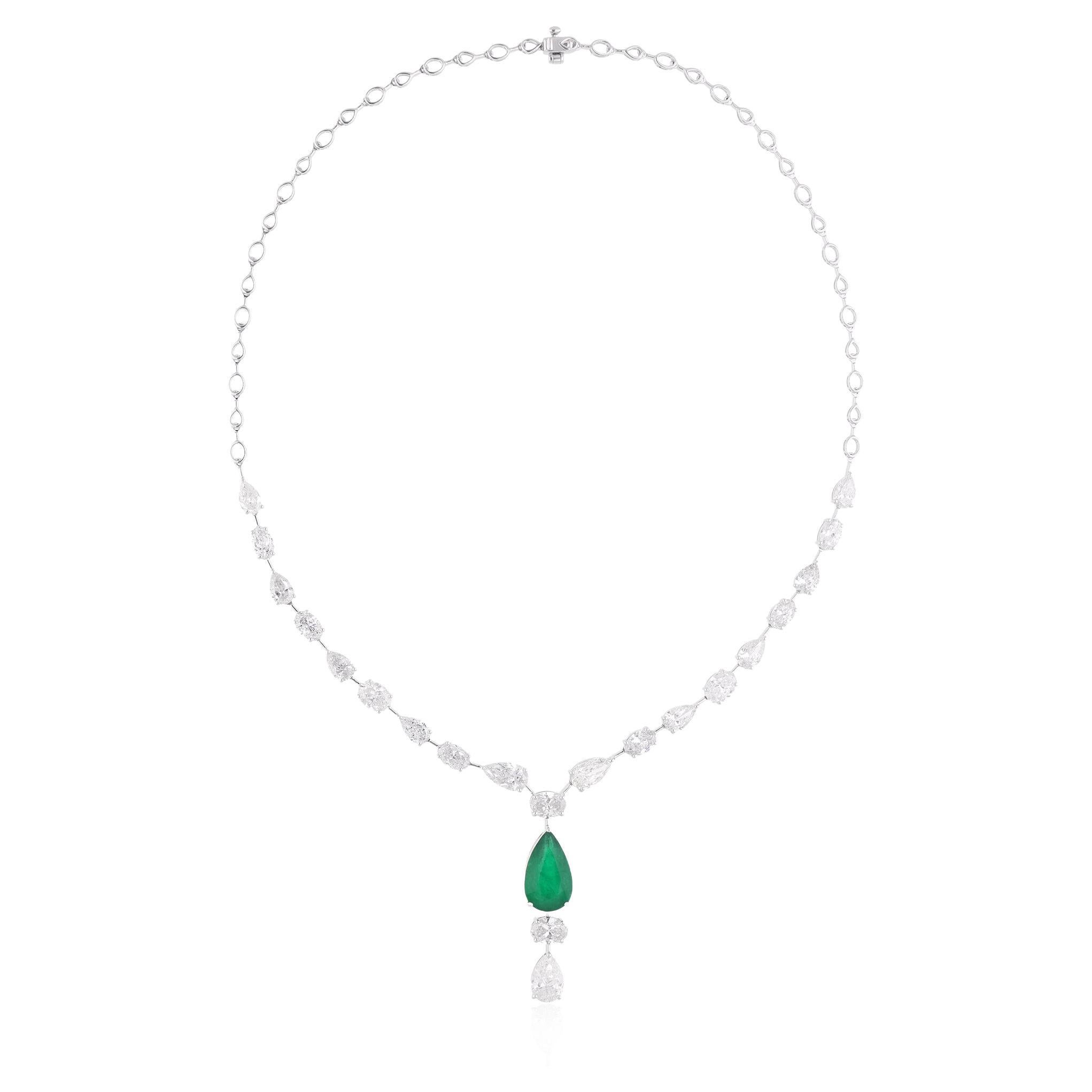 Pear Zambian Emerald Gemstone Charm Necklace Diamond 18 Karat White Gold Jewelry For Sale