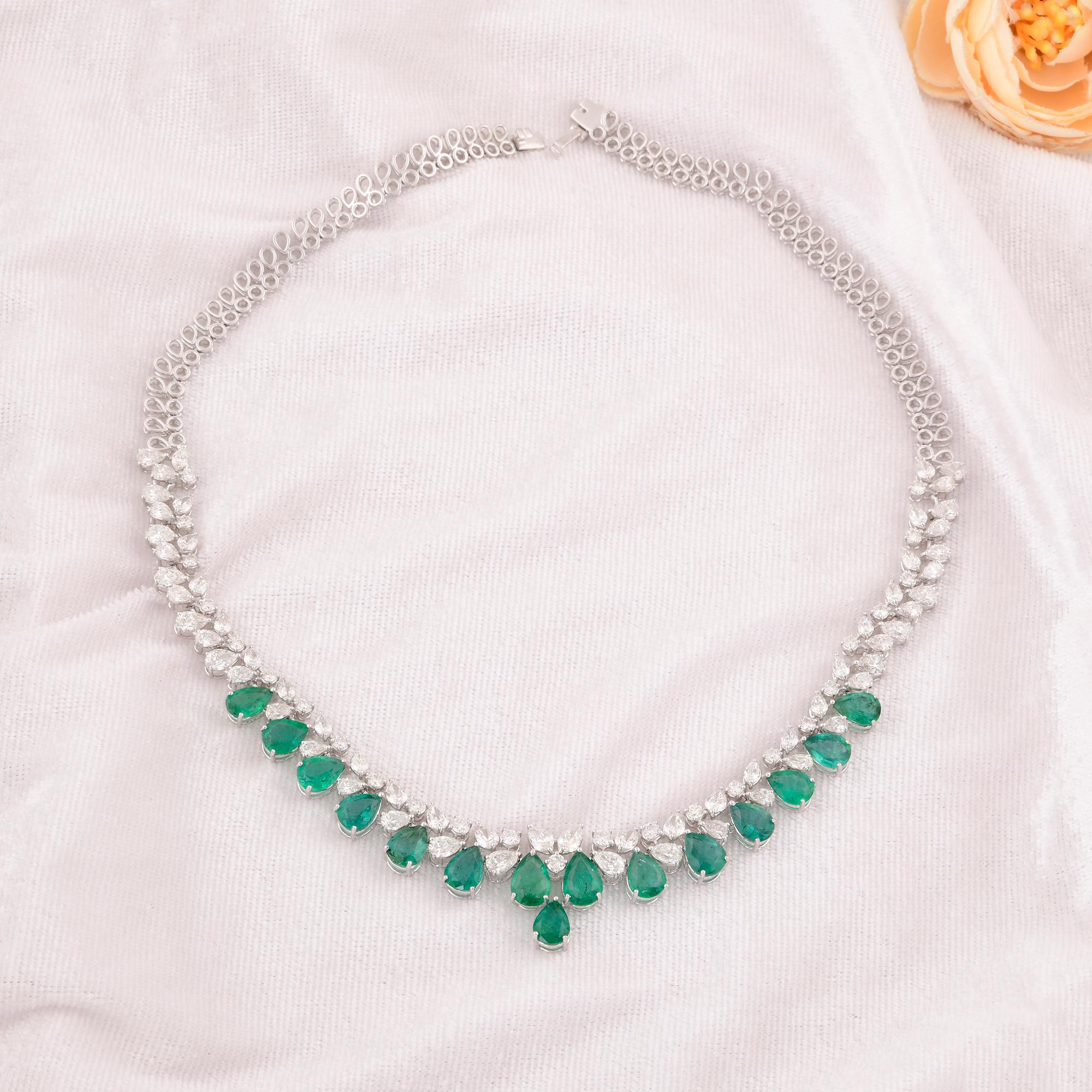 Women's Pear Zambian Emerald Gemstone Choker Necklace Diamond 14k White Gold Jewelry For Sale