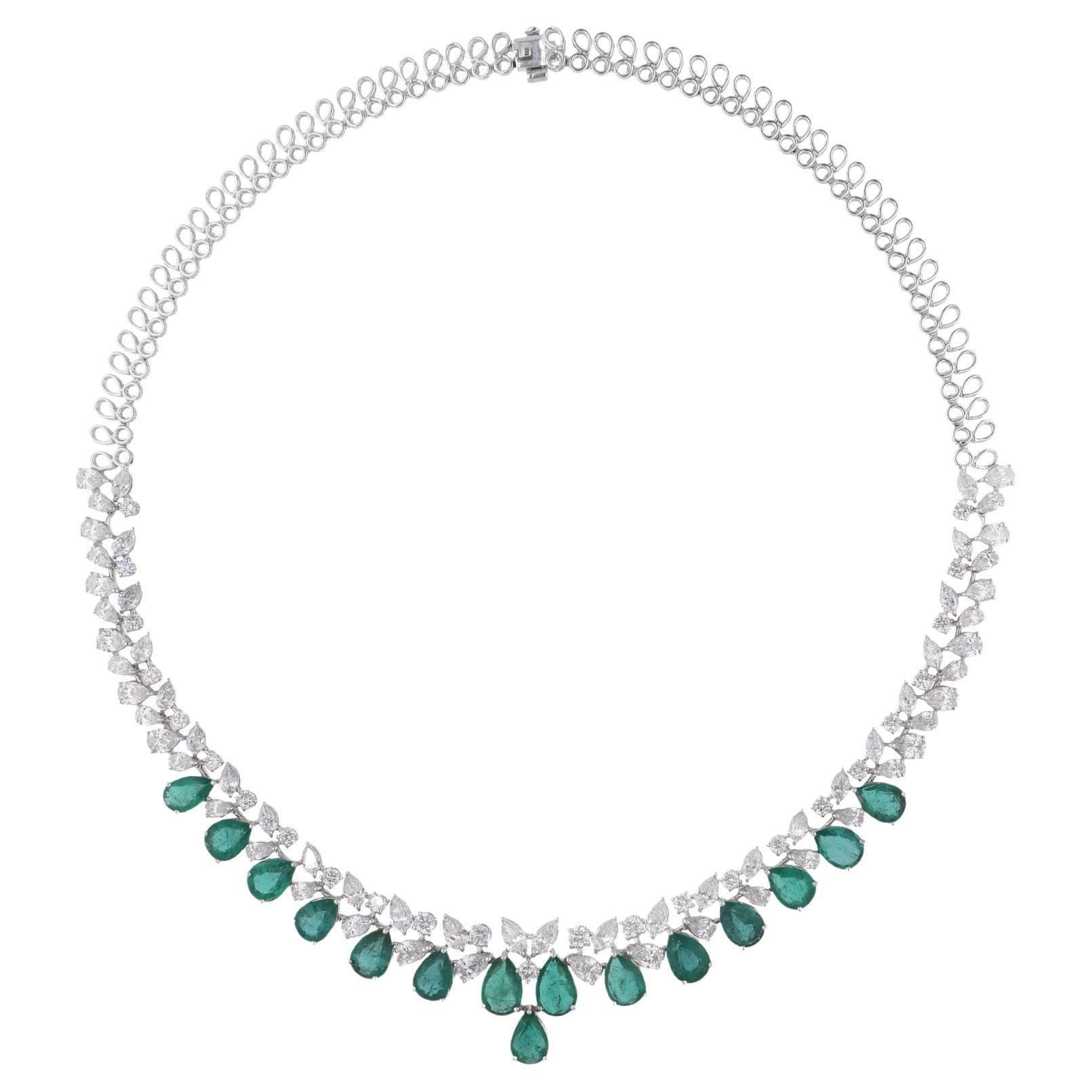 Pear Zambian Emerald Gemstone Choker Necklace Diamond 14k White Gold Jewelry For Sale