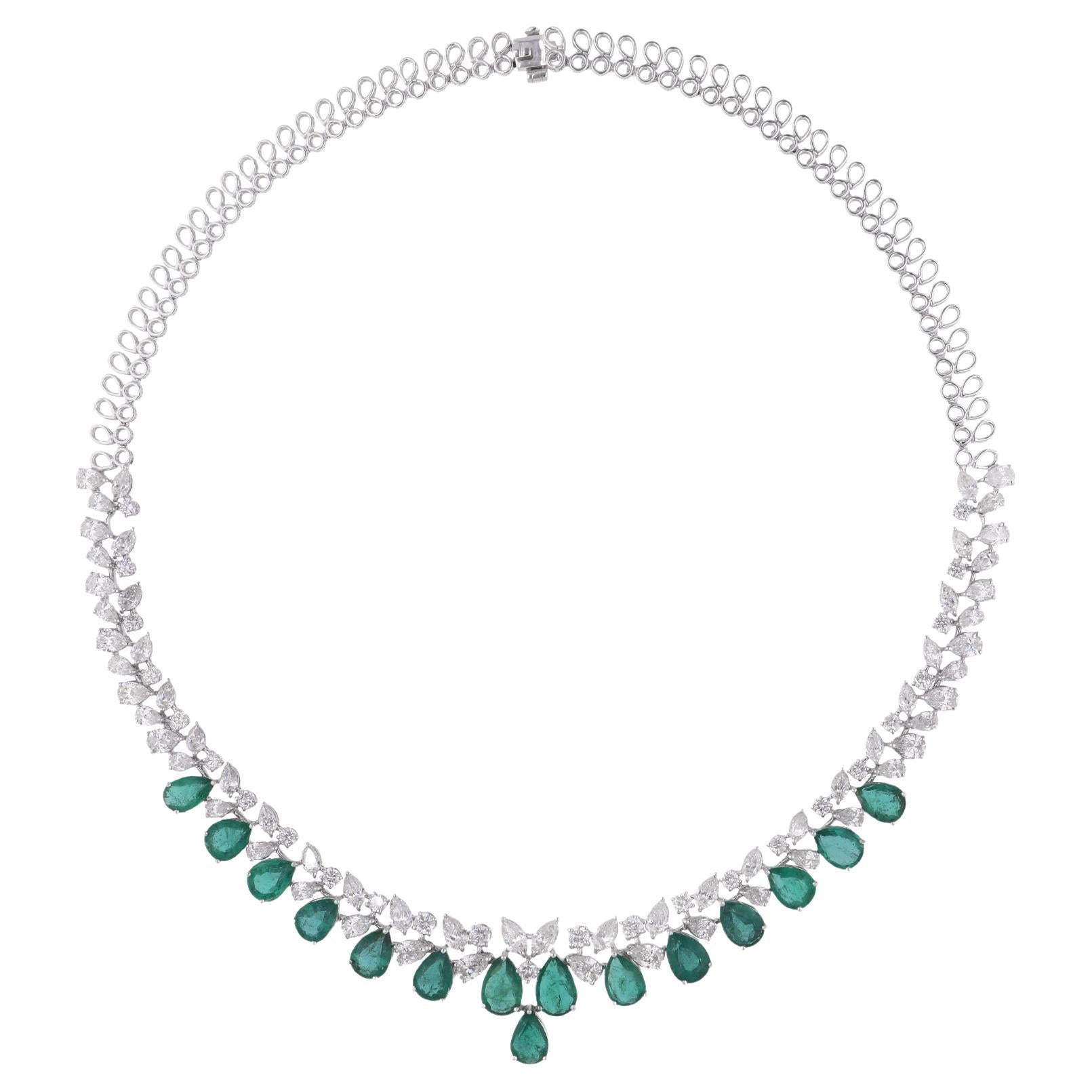 Pear Zambian Emerald Gemstone Choker Necklace Diamond 18k White Gold Jewelry For Sale