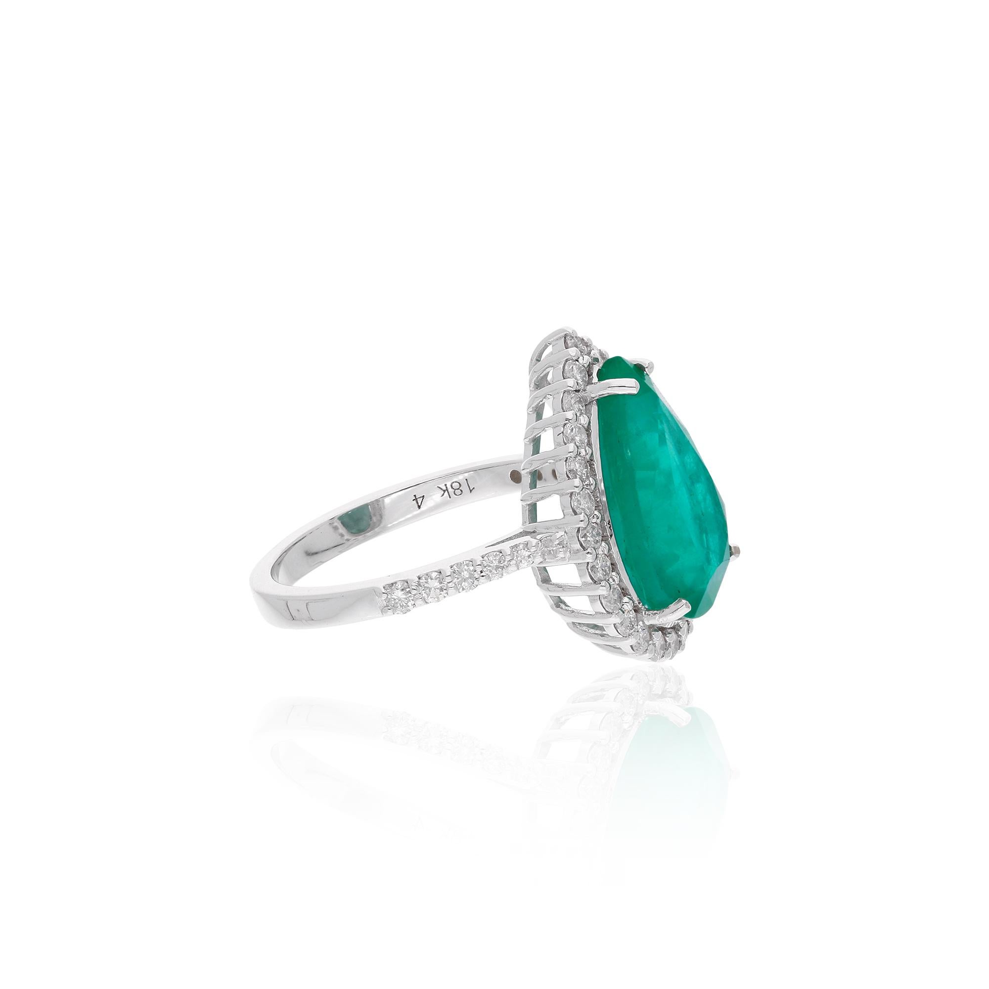 Modern Pear Zambian Emerald Gemstone Cocktail Ring 14 Karat White Gold Handmade Jewelry For Sale