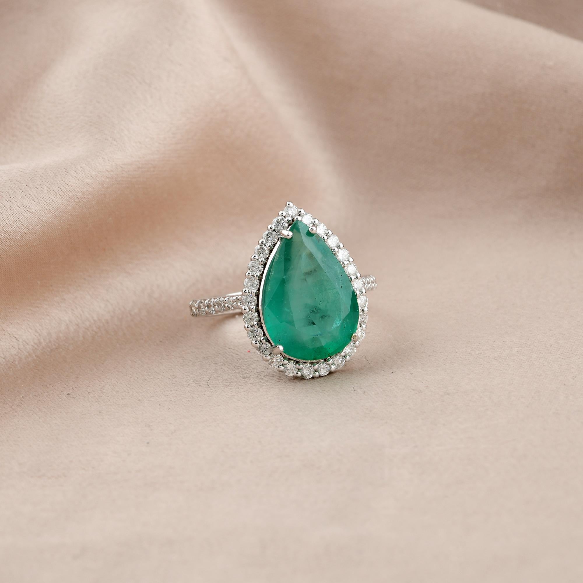 Pear Cut Pear Zambian Emerald Gemstone Cocktail Ring 14 Karat White Gold Handmade Jewelry For Sale