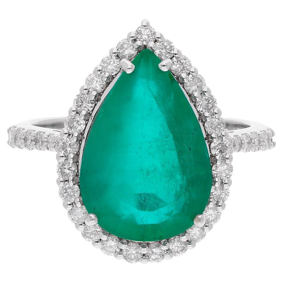 Pear Zambian Emerald Gemstone Cocktail Ring 14 Karat White Gold Handmade Jewelry For Sale