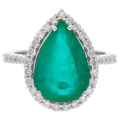 Pear Zambian Emerald Gemstone Cocktail Ring 18 Karat White Gold Handmade Jewelry