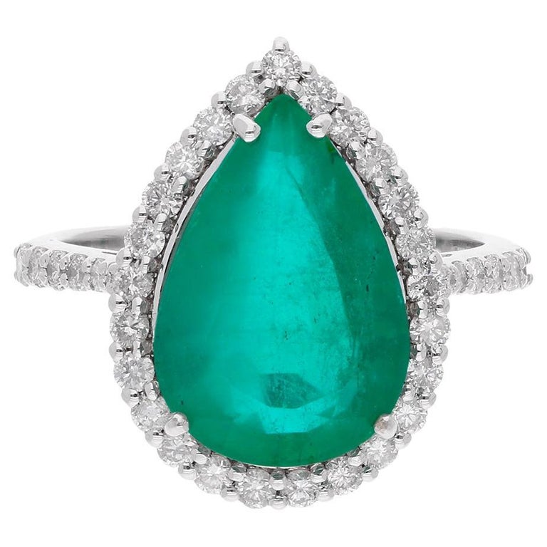 Pear Zambian Emerald Gemstone Cocktail Ring 18 Karat White Gold