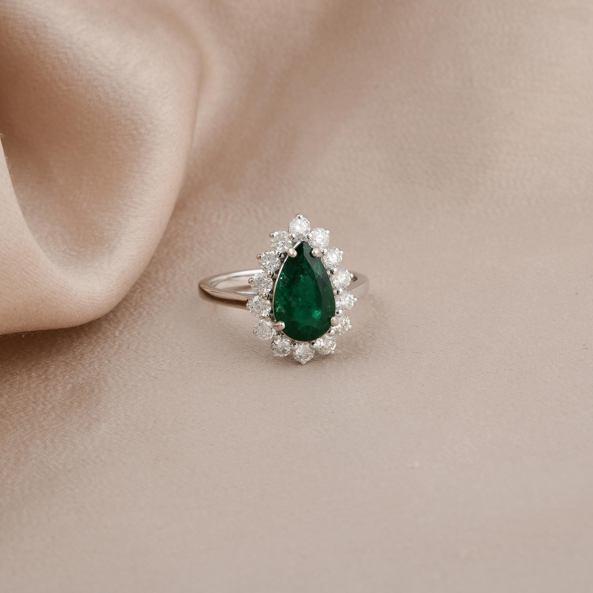 Pear Cut Pear Zambian Emerald Gemstone Cocktail Ring Diamond 14 Karat White Gold Jewelry For Sale