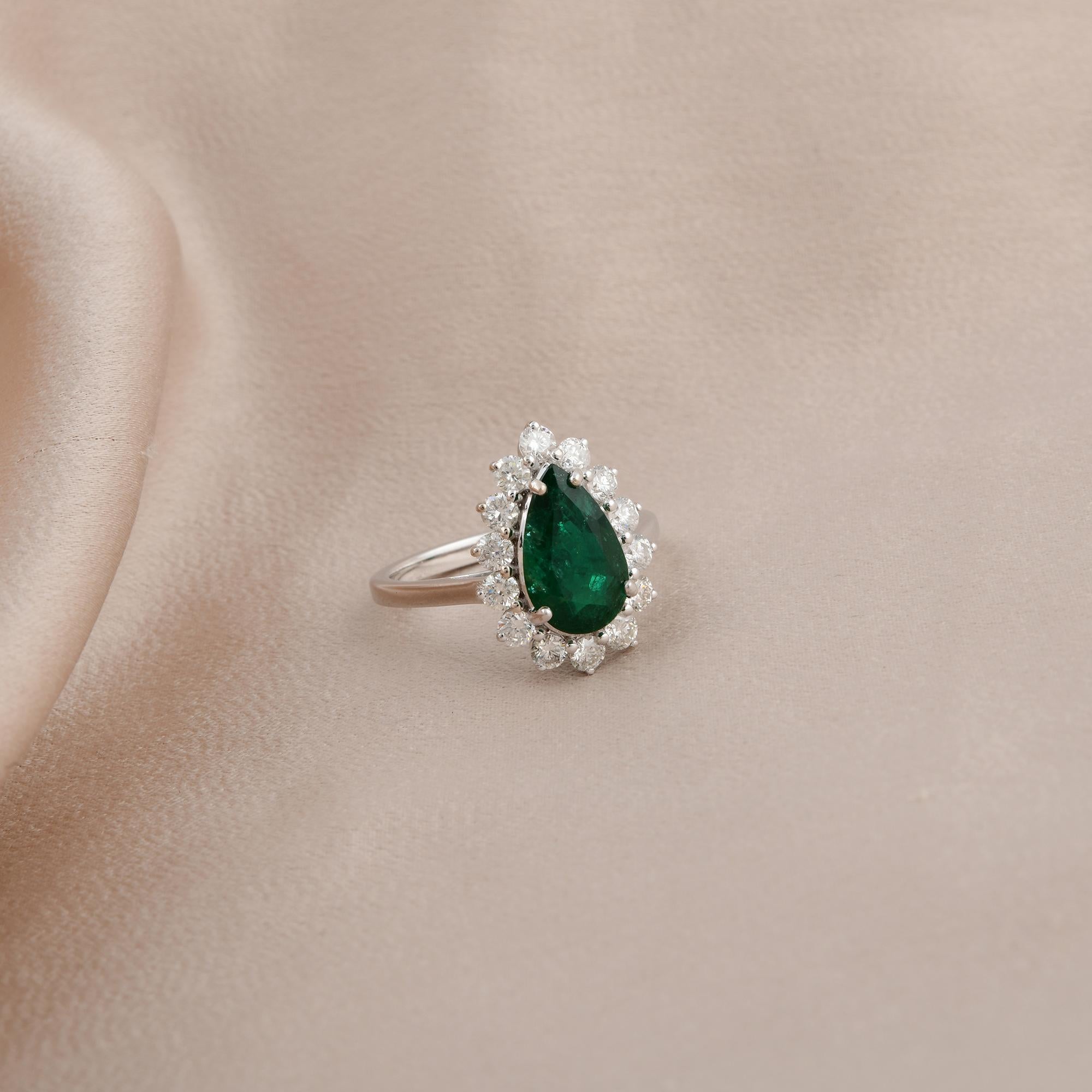 Women's Pear Zambian Emerald Gemstone Cocktail Ring Diamond 14 Karat White Gold Jewelry For Sale