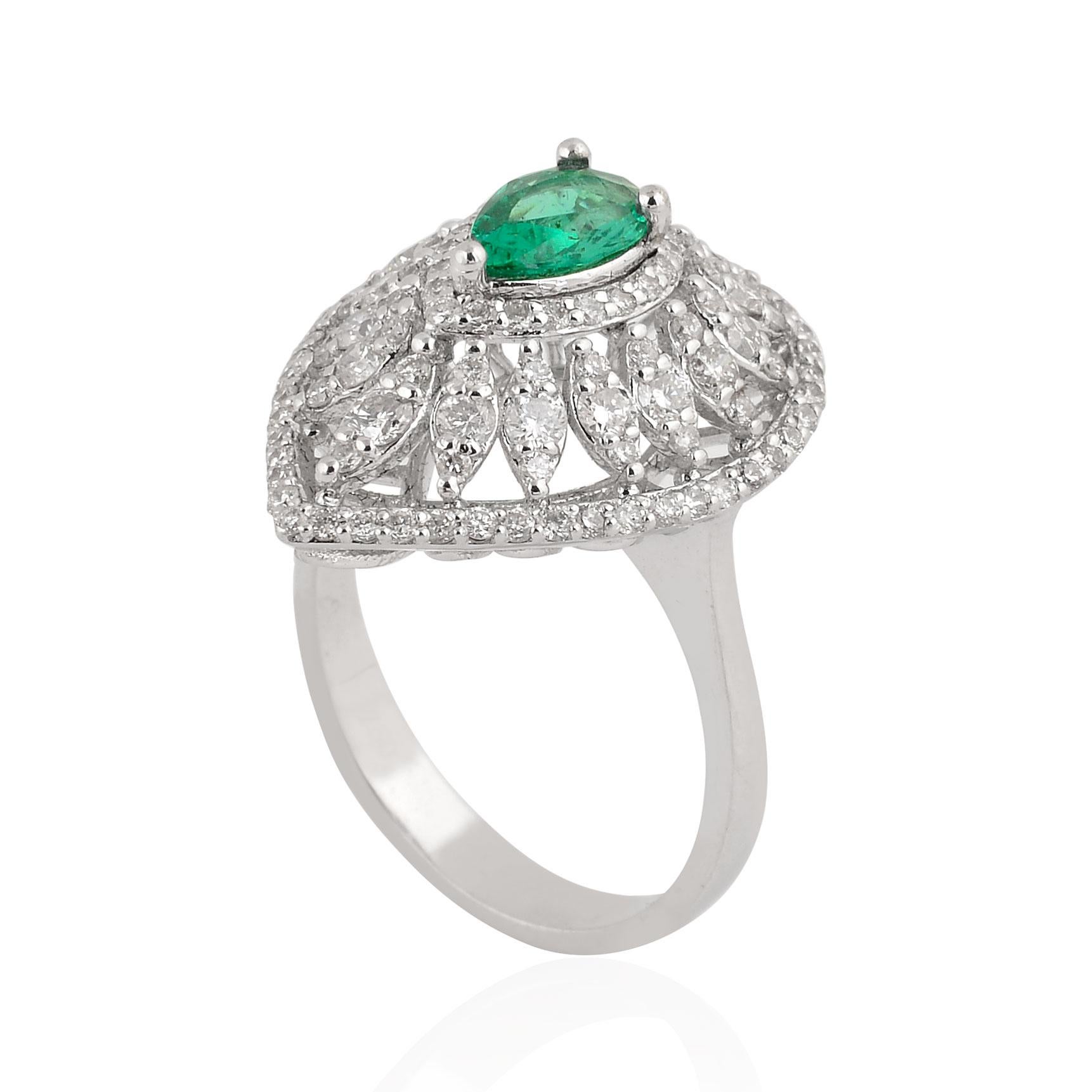 Modern Real Pear Zambian Emerald Gemstone Cocktail Ring Diamond 14k White Gold Jewelry For Sale