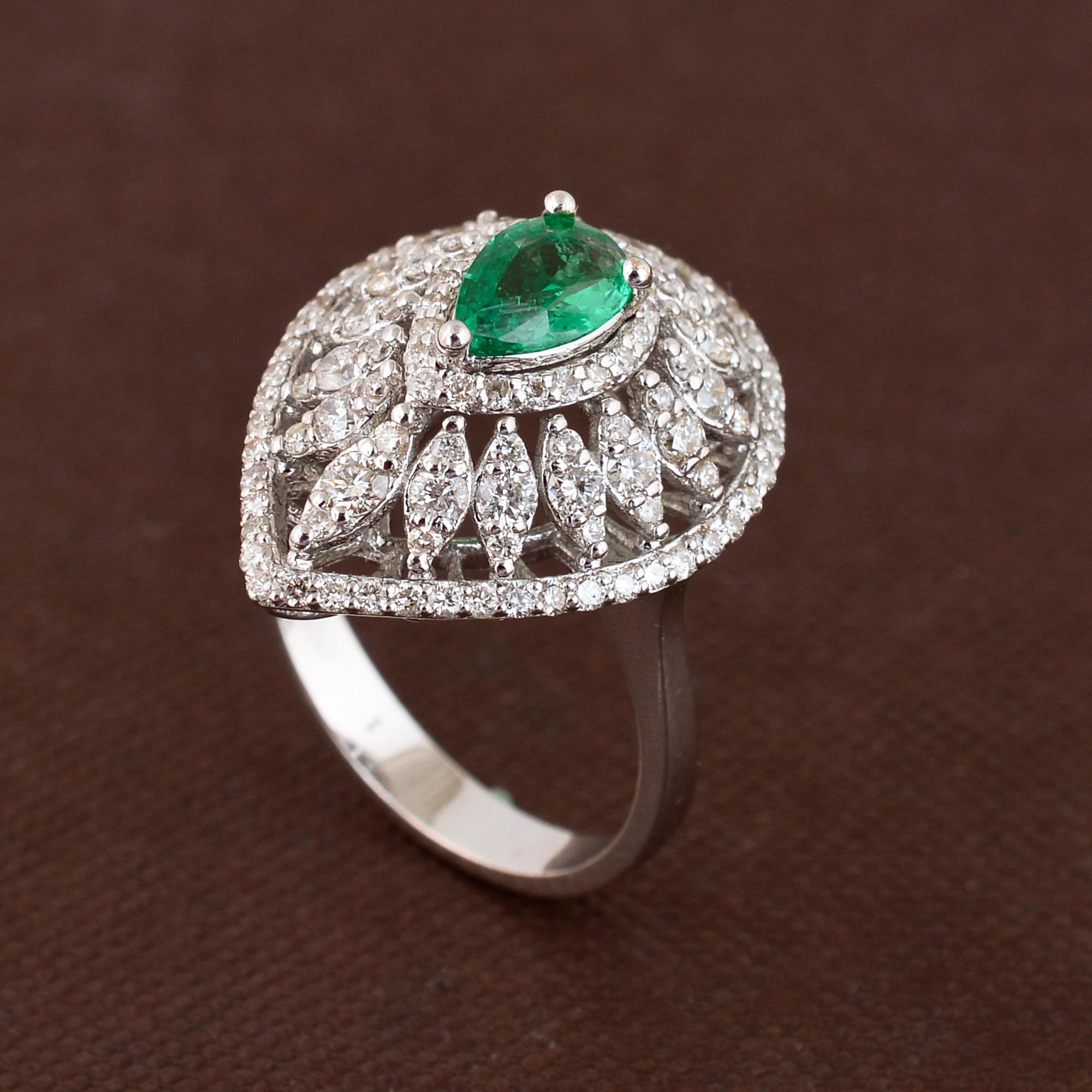 Pear Cut Real Pear Zambian Emerald Gemstone Cocktail Ring Diamond 14k White Gold Jewelry For Sale