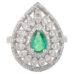 Pear Zambian Emerald Gemstone Cocktail Ring Diamond 14k White Gold Fine Jewelry