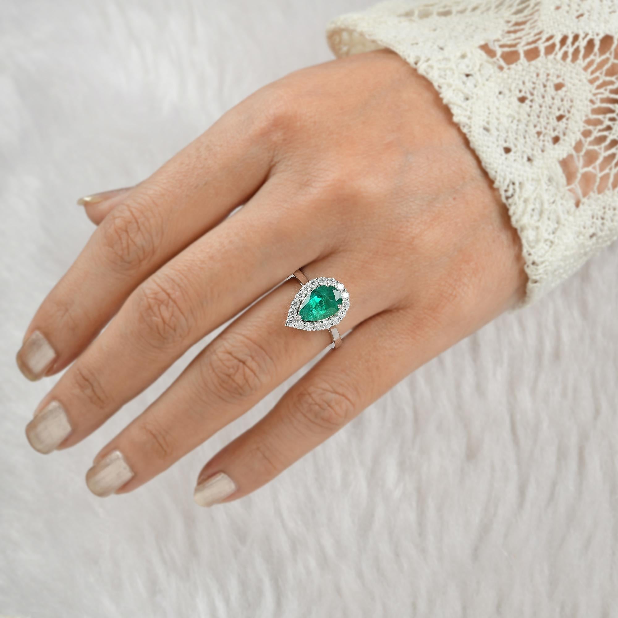 Pear Cut Pear Natural Emerald Gemstone Cocktail Ring Diamond 18 Karat White Gold Jewelry For Sale