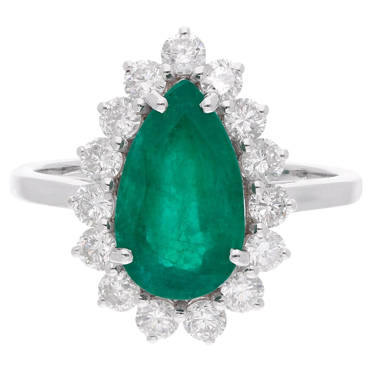 Pear Natural Emerald Gemstone Cocktail Ring Diamond 18 Karat White Gold Jewelry