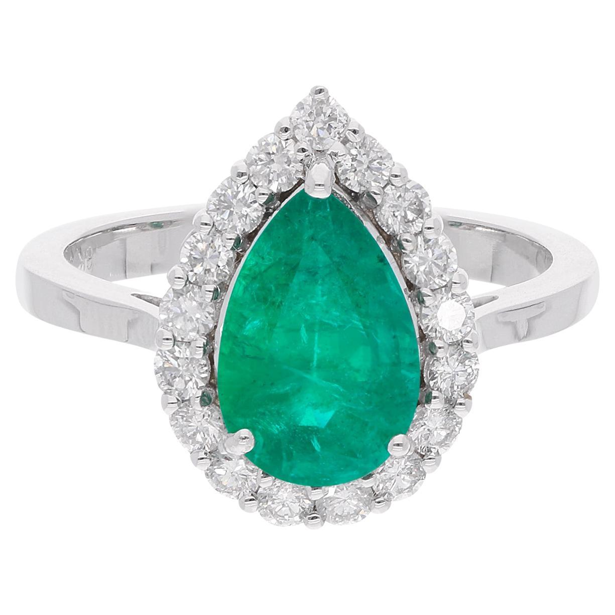 Pear Natural Emerald Gemstone Cocktail Ring Diamond 18 Karat White Gold Jewelry