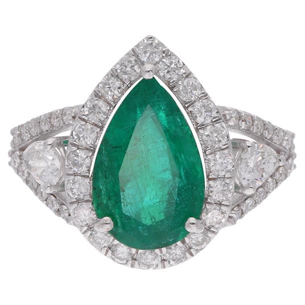 Pear Zambian Emerald Gemstone Cocktail Ring Diamond 18 Karat White Gold Jewelry