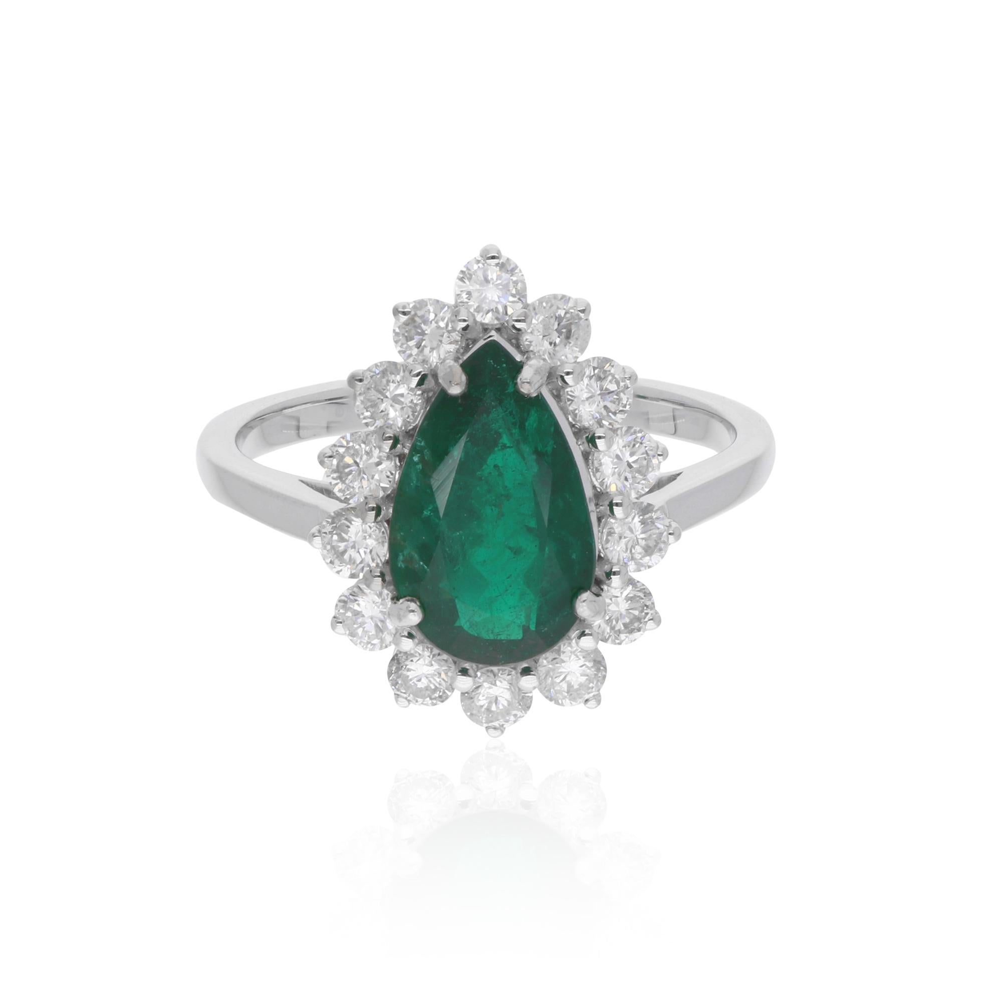 Birnenförmiger sambischer Smaragd-Edelstein-Cocktailring mit Diamant aus 18 Karat Weißgold