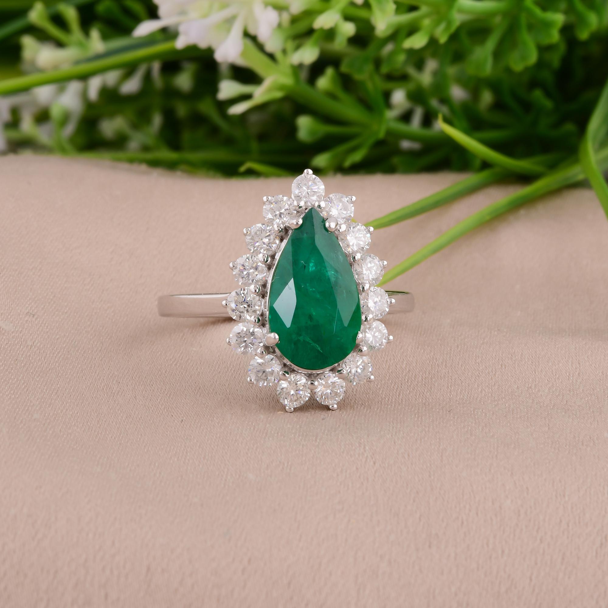 Modern Pear Zambian Emerald Gemstone Cocktail Ring SI/H Diamond 14 Karat White Gold For Sale