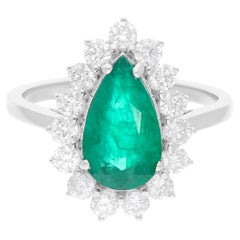 Pear Zambian Emerald Gemstone Cocktail Ring SI/H Diamond 14 Karat White Gold