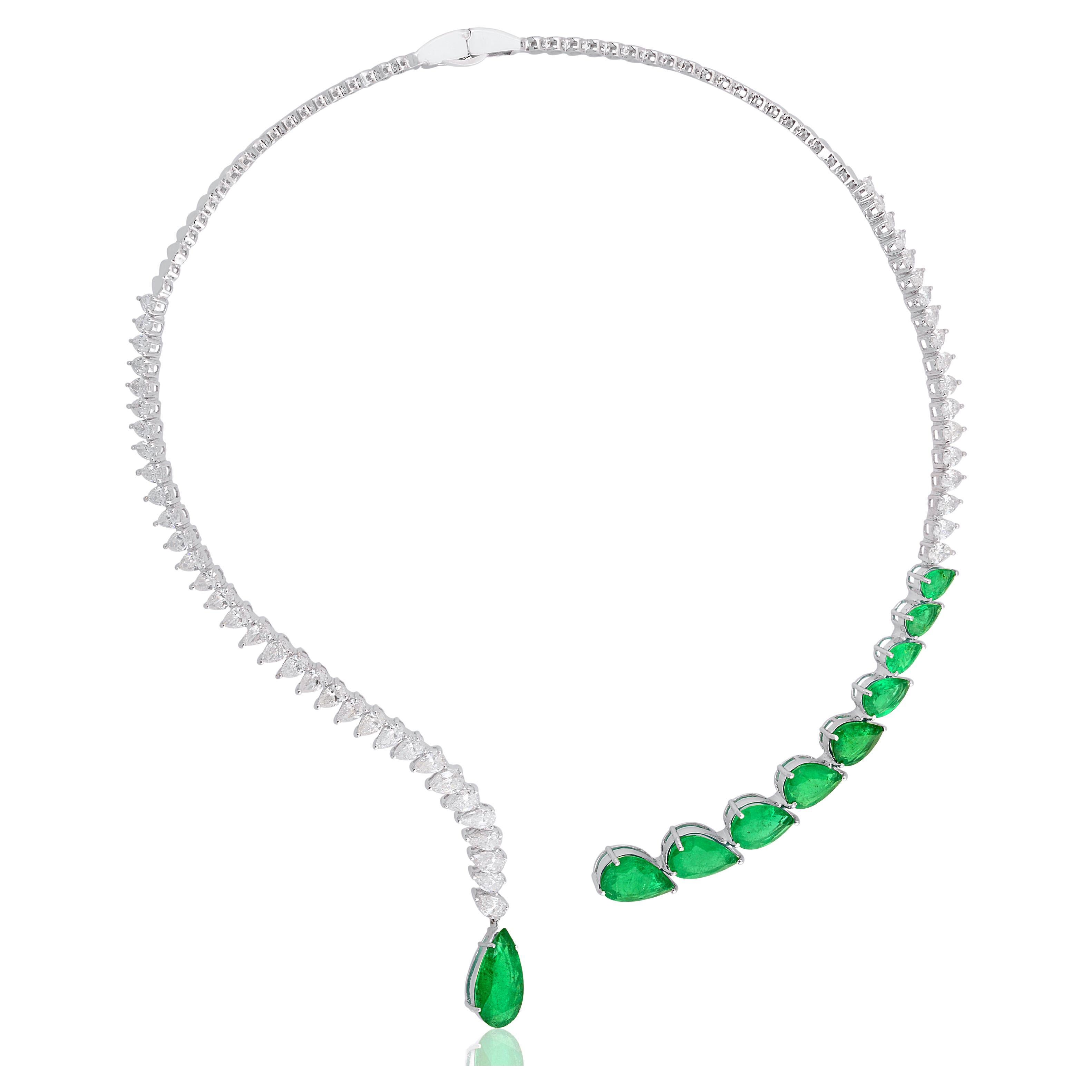 Pear Natural Emerald Gemstone Collar Choker Necklace Diamond 18 Karat White Gold For Sale