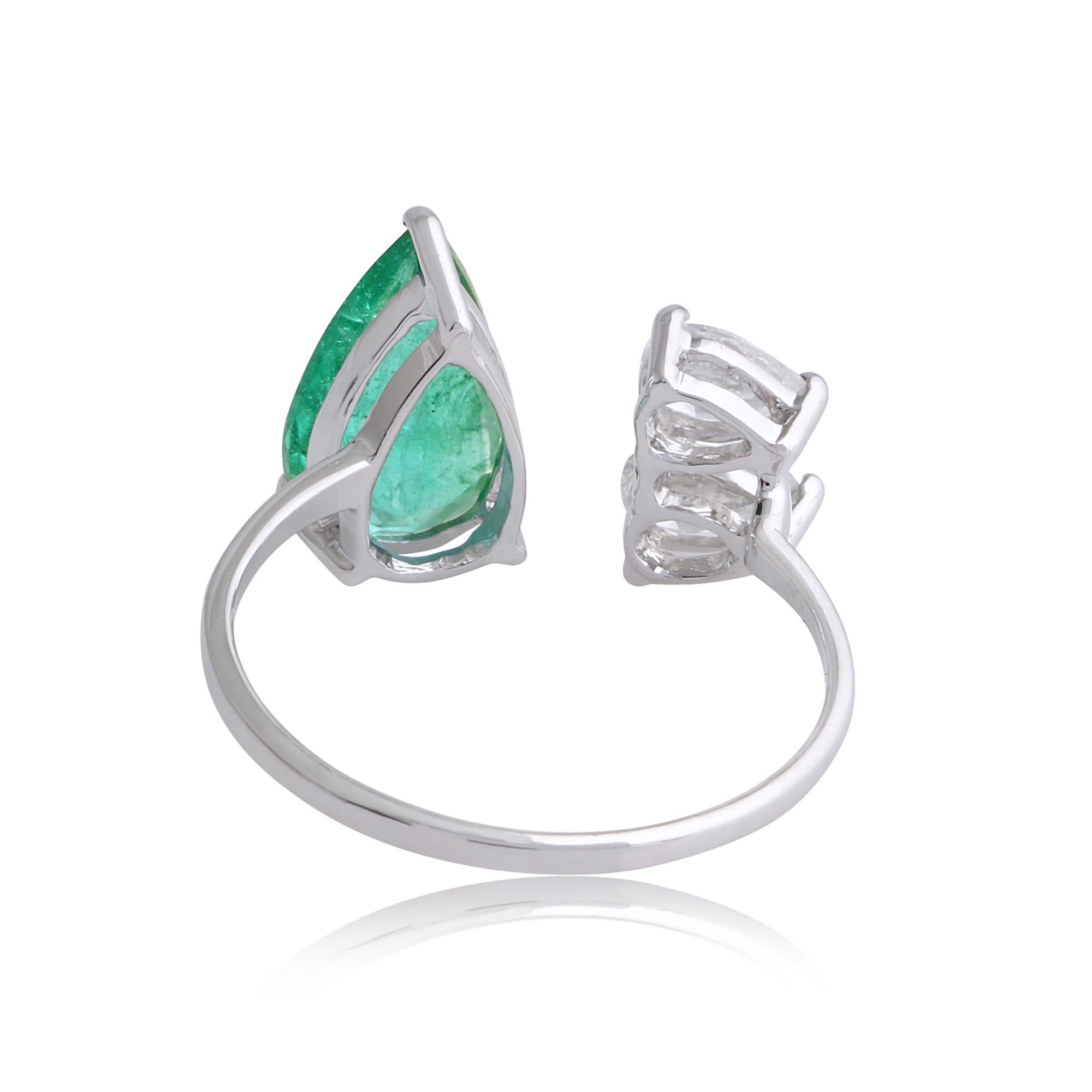Modern Pear Zambian Emerald Gemstone Cuff Ring Diamond 18 Karat White Gold Fine Jewelry For Sale