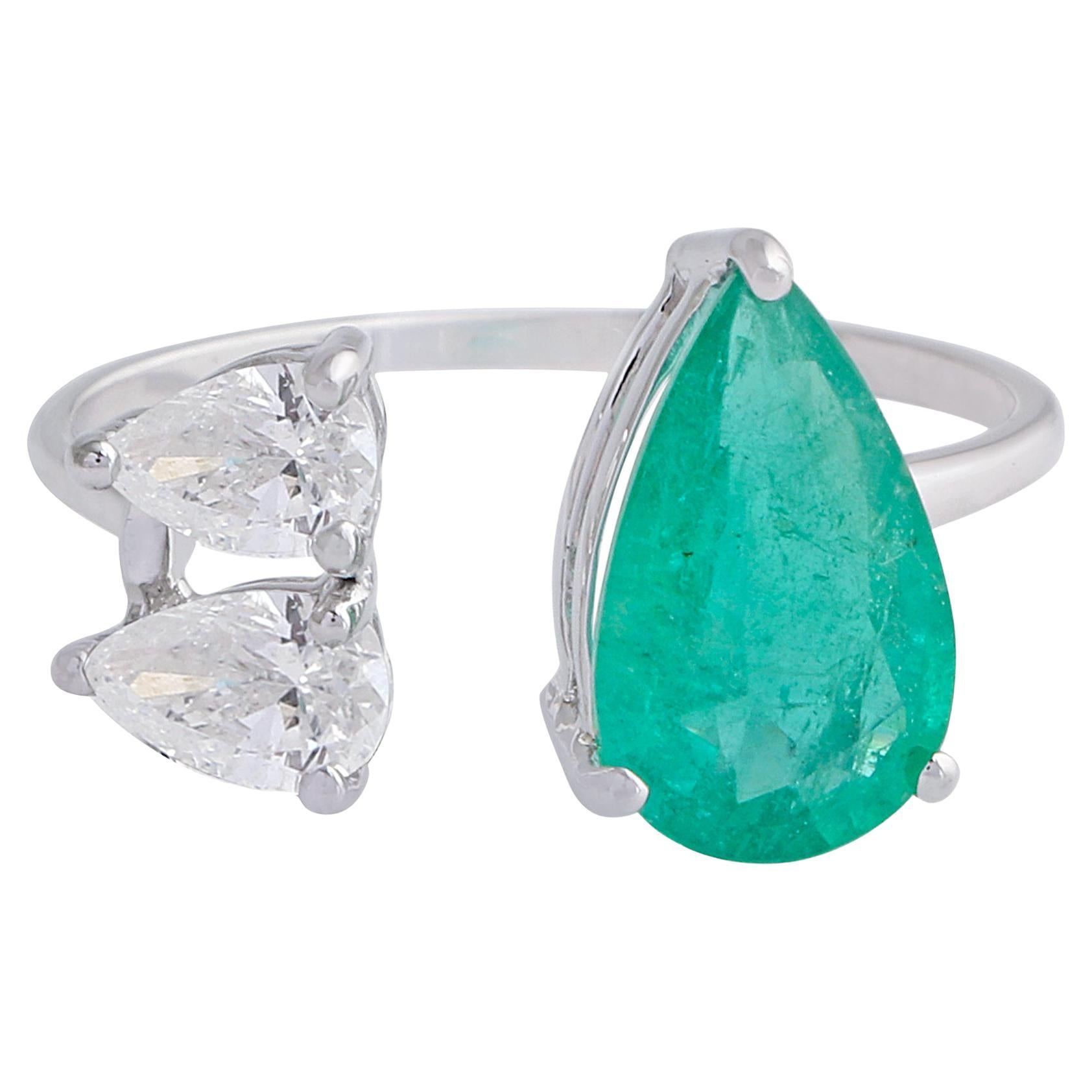 Pear Zambian Emerald Gemstone Cuff Ring Diamond 18 Karat White Gold Fine Jewelry For Sale