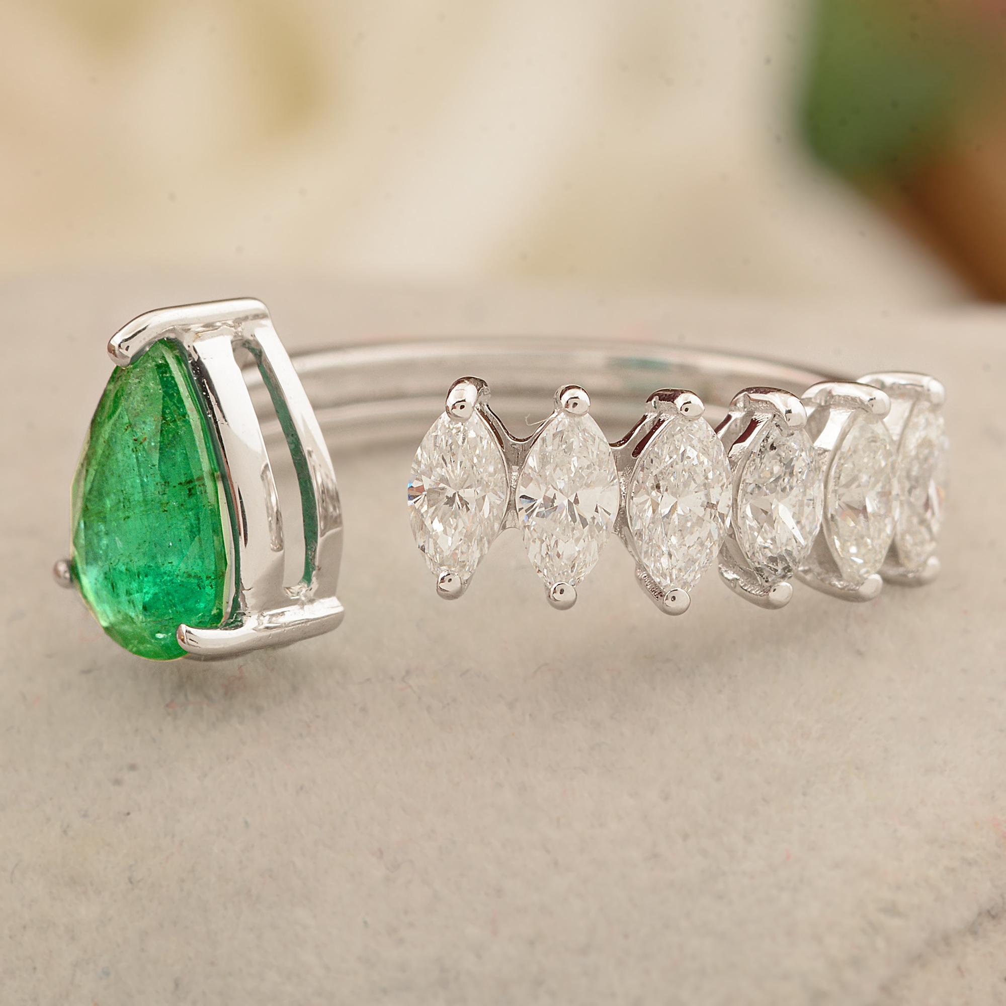 Pear Cut Pear Natural Emerald Gemstone Cuff Ring Marquise Diamond 14k White Gold Jewelry For Sale