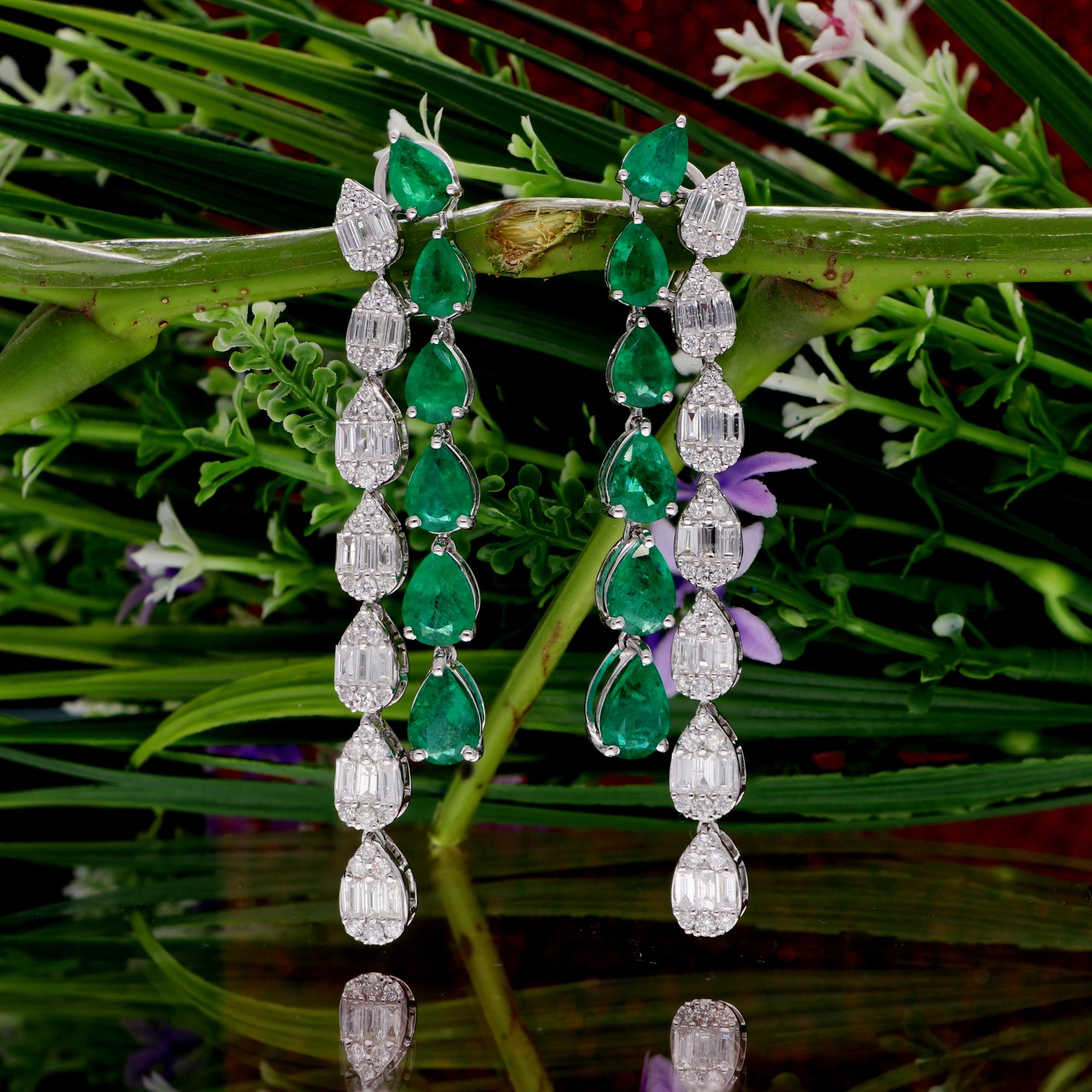 Modern Pear Natural Emerald Gemstone Dangle Earrings Baguette Diamond 18 Kt White Gold For Sale