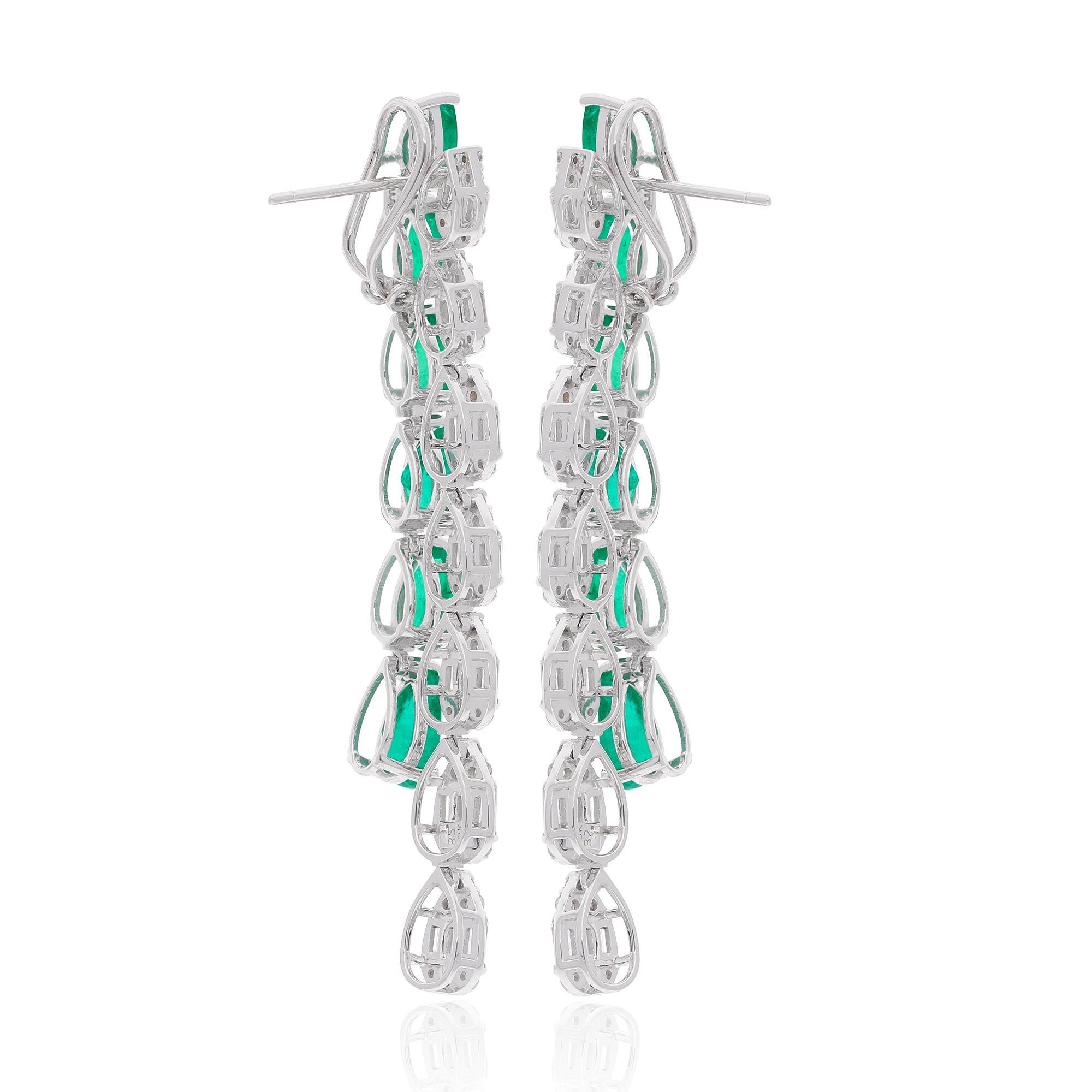 Pear Cut Pear Natural Emerald Gemstone Dangle Earrings Baguette Diamond 18 Kt White Gold For Sale