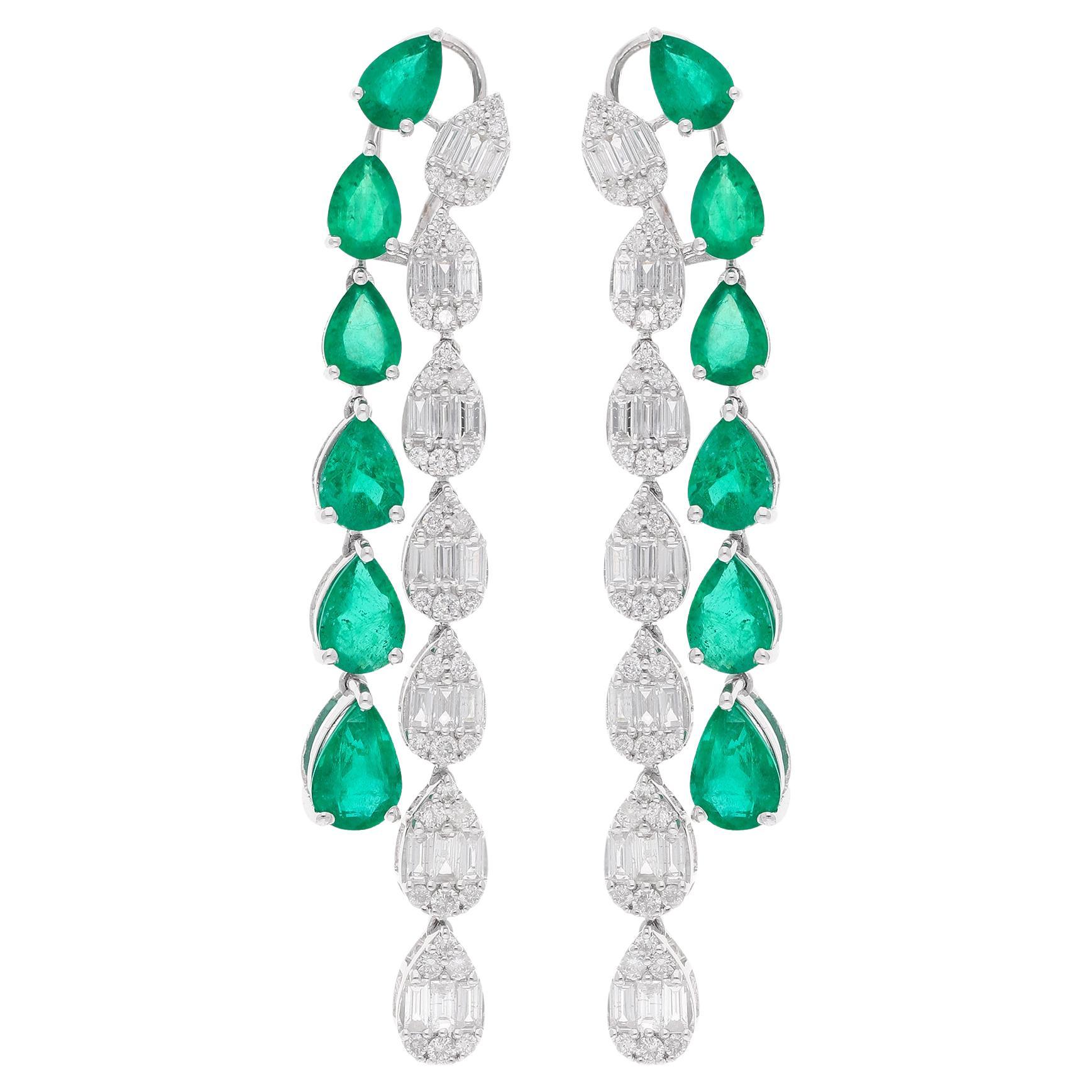 Pear Natural Emerald Gemstone Dangle Earrings Baguette Diamond 18 Kt White Gold For Sale