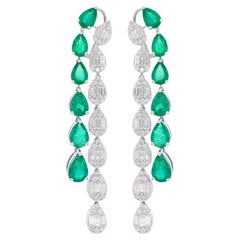 Pear Natural Emerald Gemstone Dangle Earrings Baguette Diamond 18 Kt White Gold