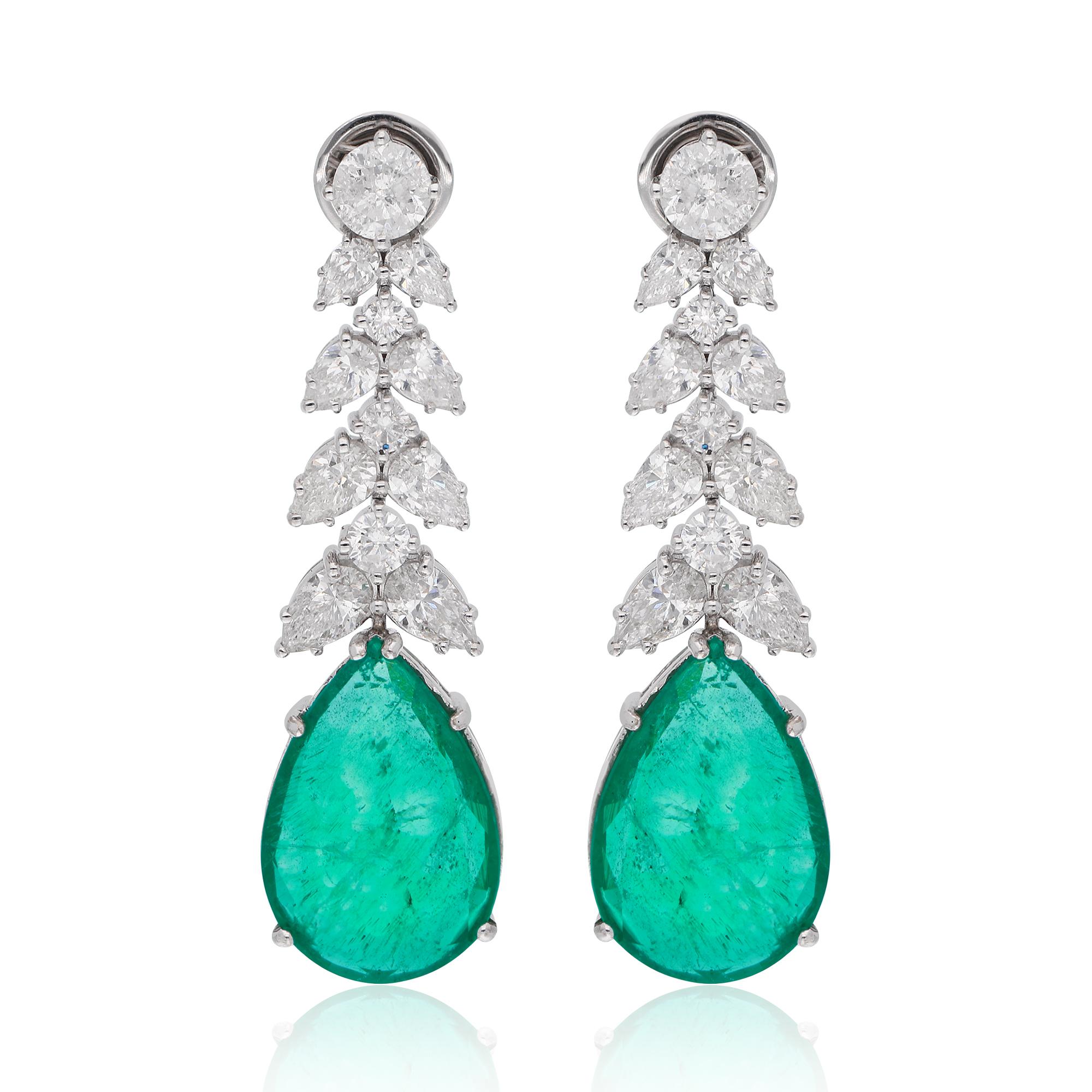 Pear Cut Pear Zambian Emerald Gemstone Dangle Earrings Diamond 14k White Gold Jewelry For Sale