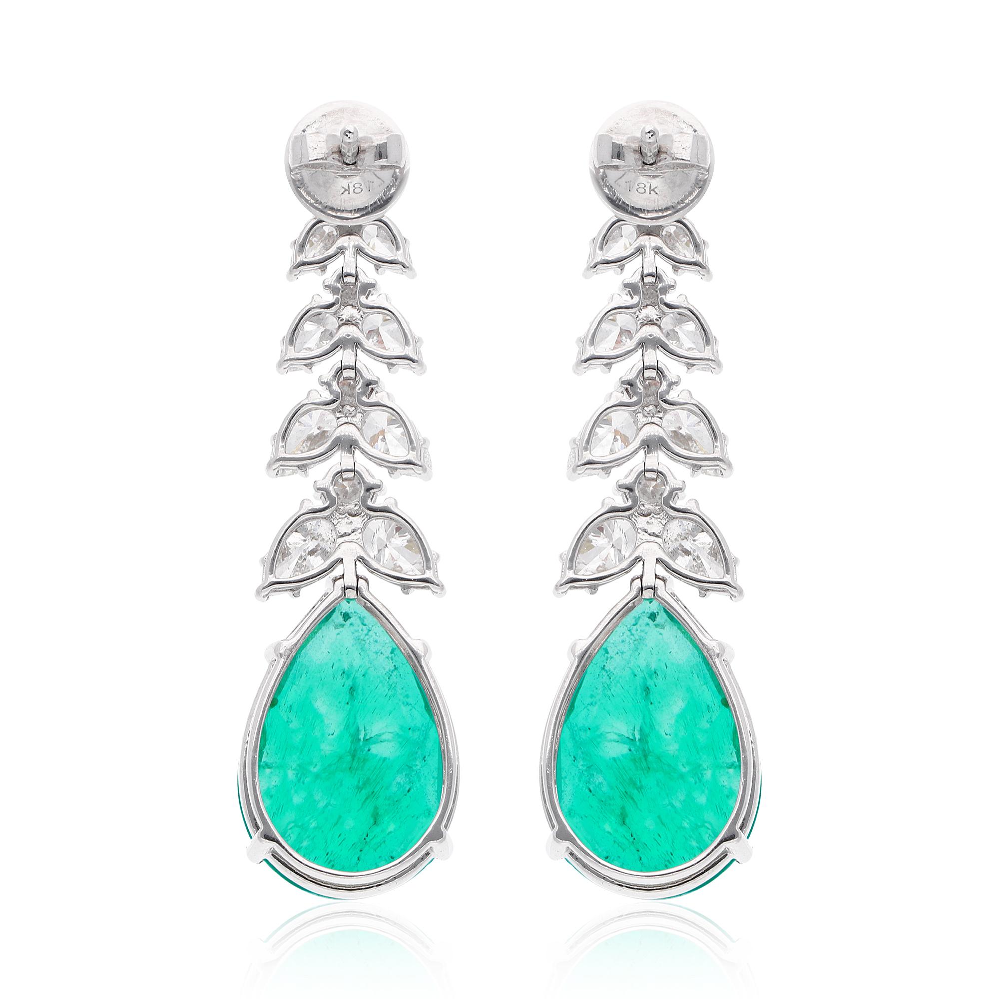 Women's Pear Zambian Emerald Gemstone Dangle Earrings Diamond 14k White Gold Jewelry For Sale
