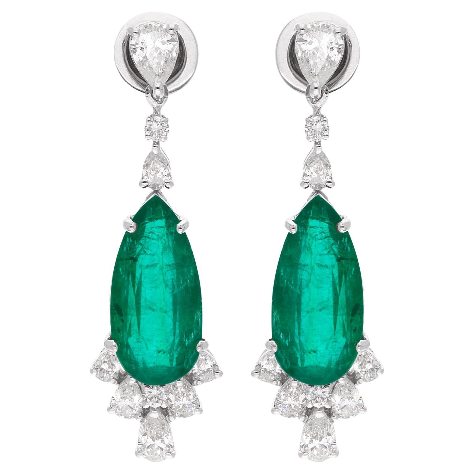 Pear Zambian Emerald Gemstone Dangle Earrings Baguette Diamond 18 Kt White Gold For Sale at 1stDibs
