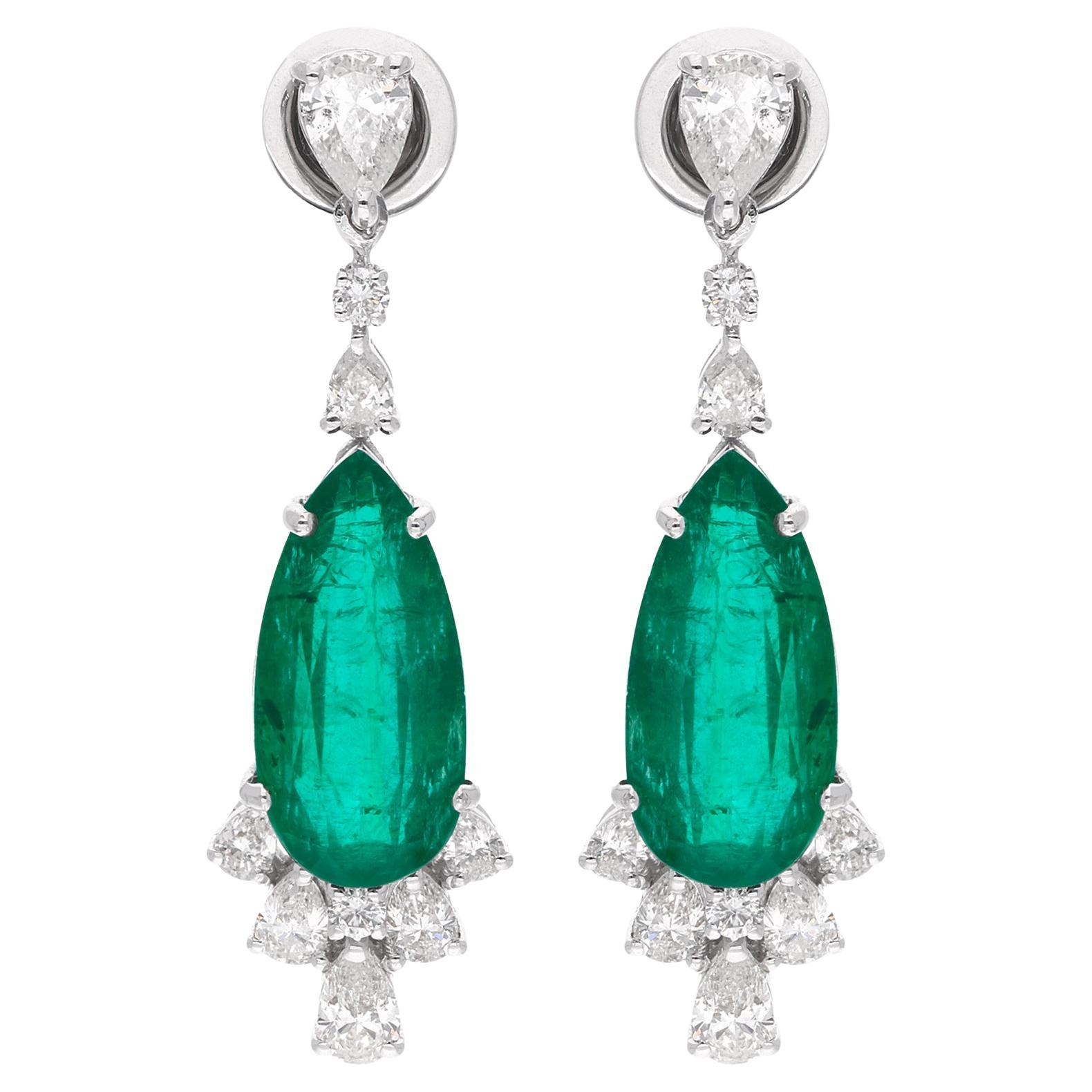 Pear Natural Emerald Gemstone Dangle Earrings Diamond 18 Kt White Gold Jewelry