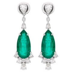 Pear Natural Emerald Gemstone Dangle Earrings Diamond 18 Kt White Gold Jewelry
