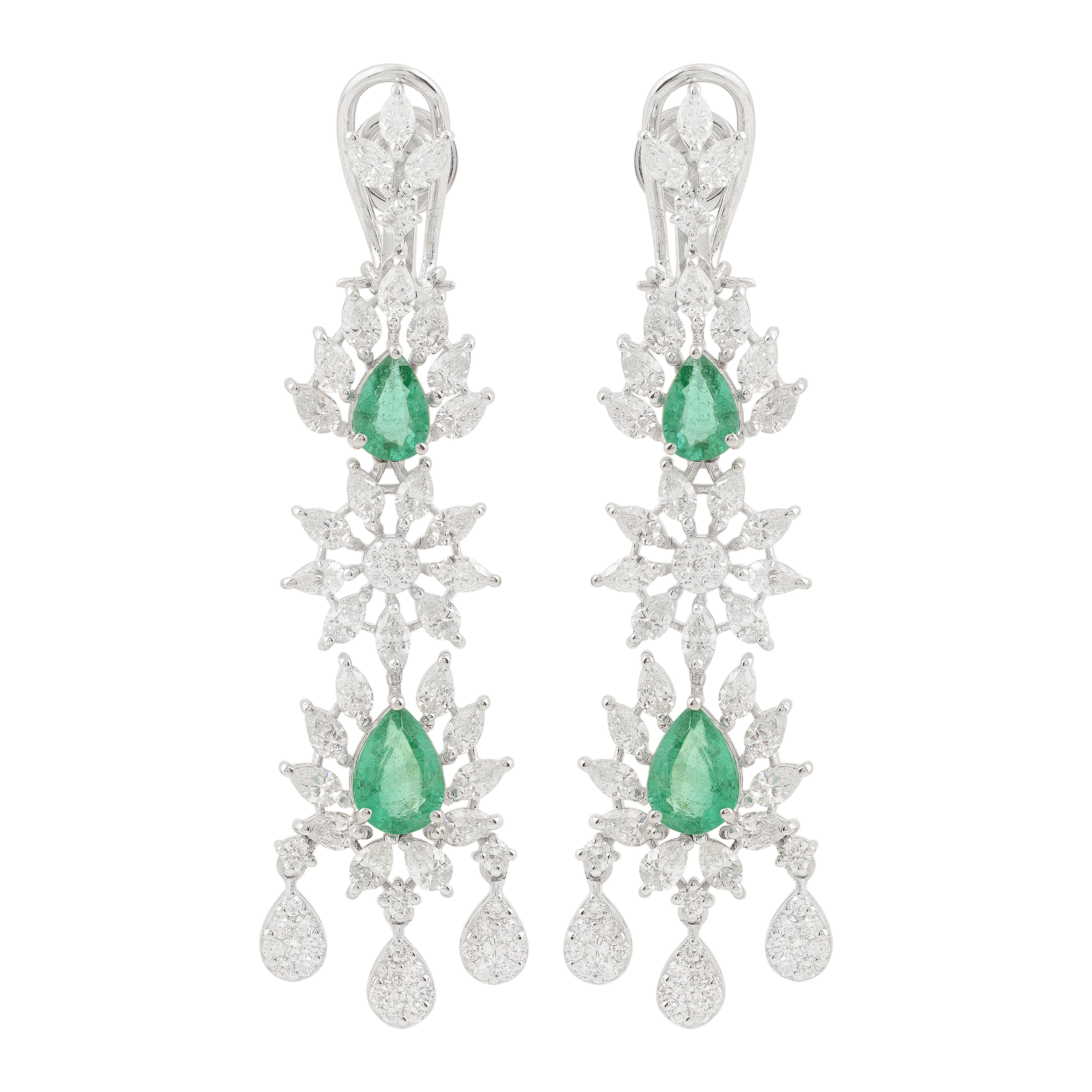 Modern Pear Natural Emerald Gemstone Dangle Earrings Diamond 18k White Gold Jewelry For Sale