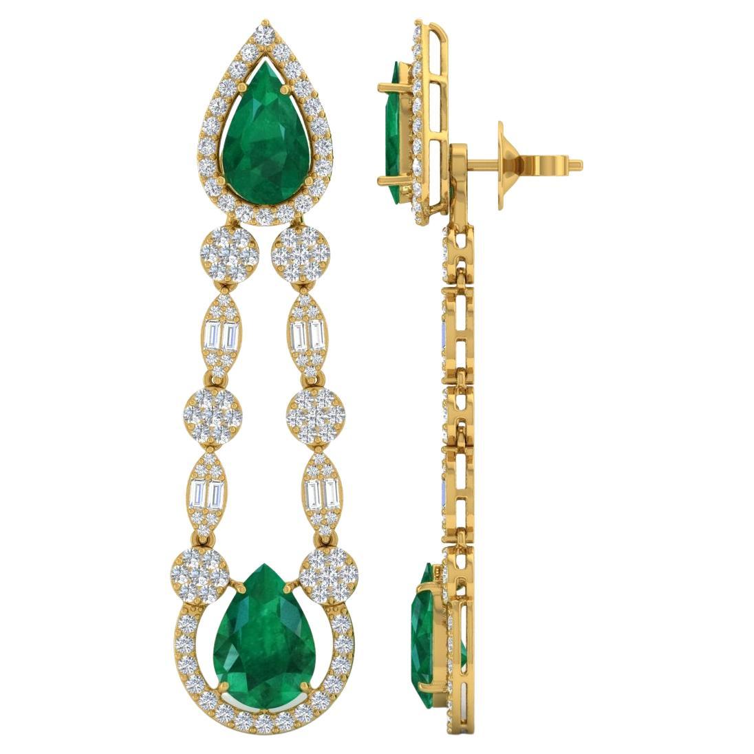 Pear Natural Emerald Gemstone Dangle Earrings Diamond Pave 18 Karat Yellow Gold