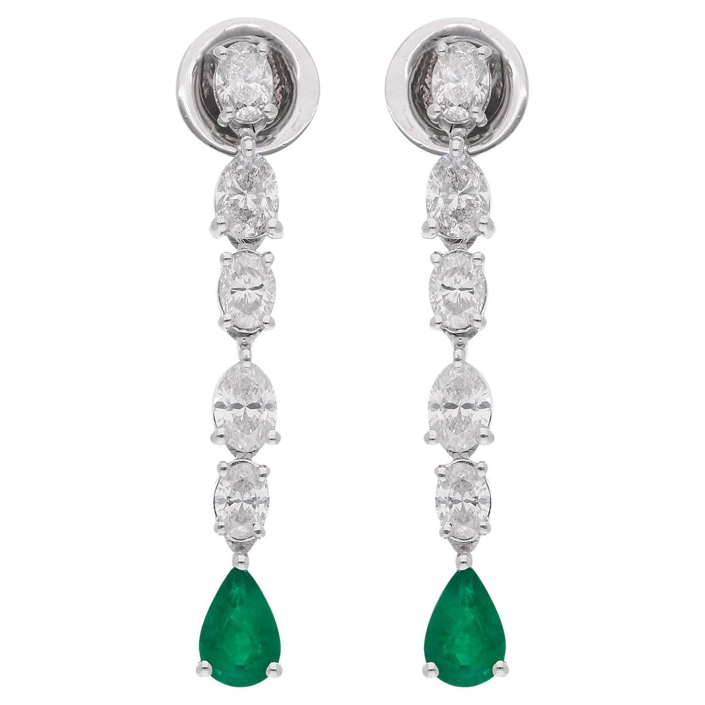 Natural Emerald Gemstone Dangle Earrings Oval Diamond 18 Karat White Gold