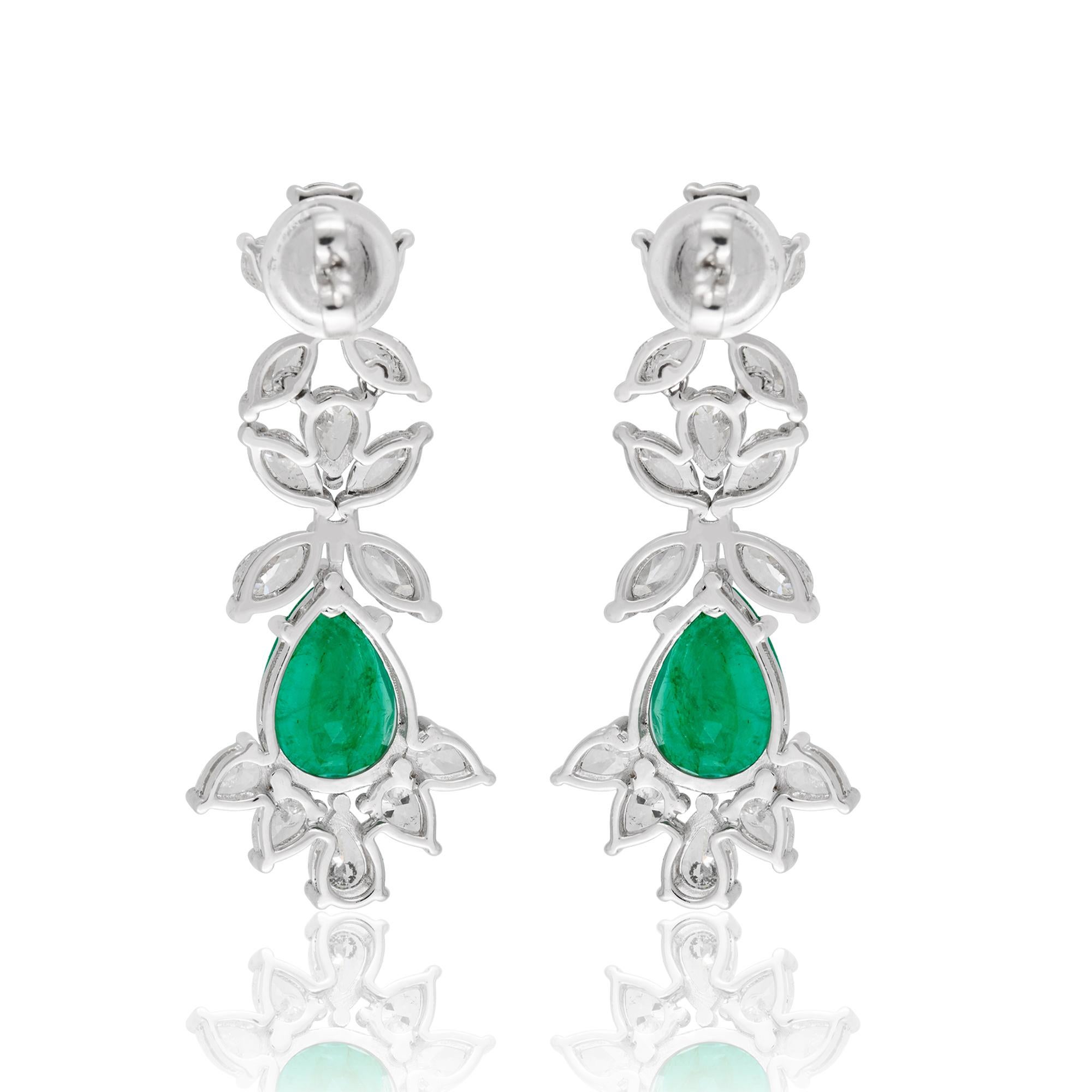 Women's Pear Natural Emerald Gemstone Dangle Earrings Pear Diamond 18 Karat White Gold For Sale