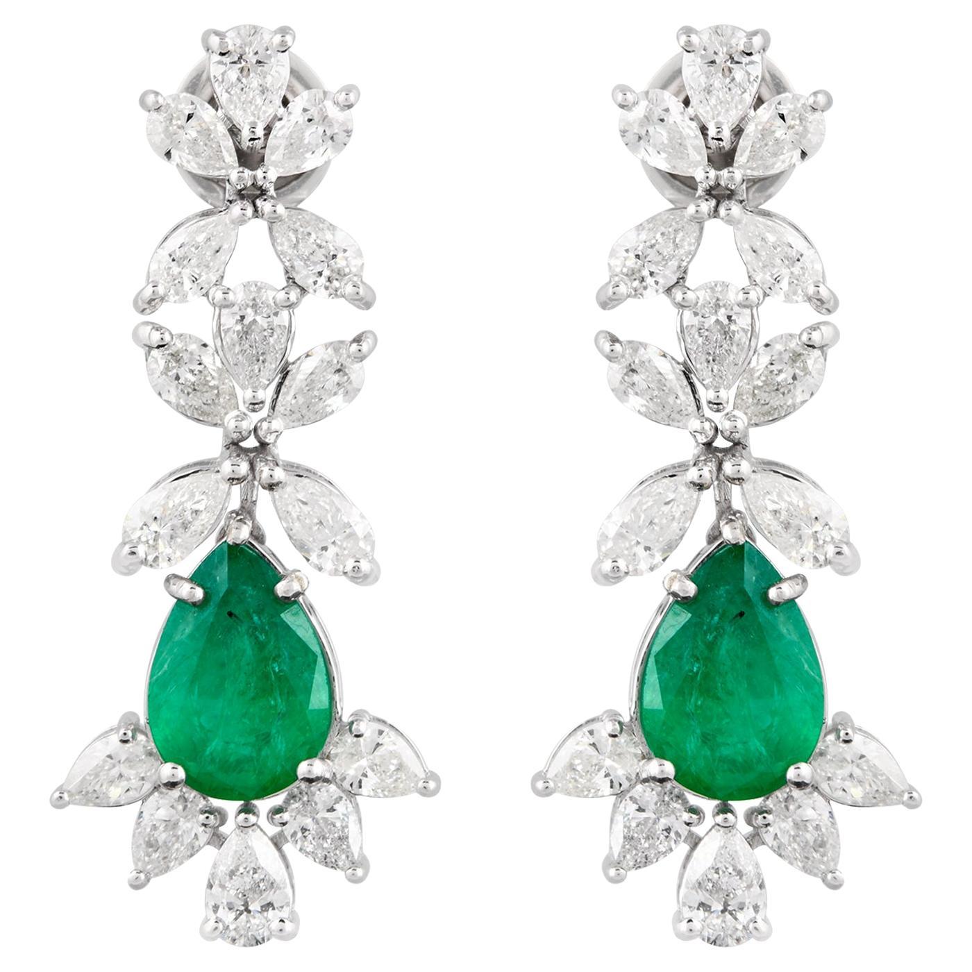 Pear Natural Emerald Gemstone Dangle Earrings Pear Diamond 18 Karat White Gold