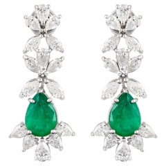 Pear Zambian Emerald Gemstone Dangle Earrings Pear Diamond 18 Karat White Gold
