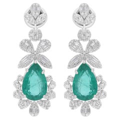 Pendientes Colgantes Esmeralda Pera de Zambia SI/H Diamante Oro Blanco 18 Quilates