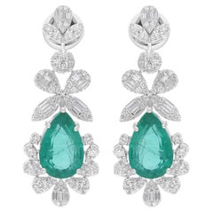 Boucles d'oreilles pendantes en émeraude de Zambie poire SI/H diamant Or blanc 18 carats