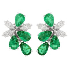 Pear Natural Emerald Gemstone Designer Fine Stud Earrings Diamond 14k White Gold