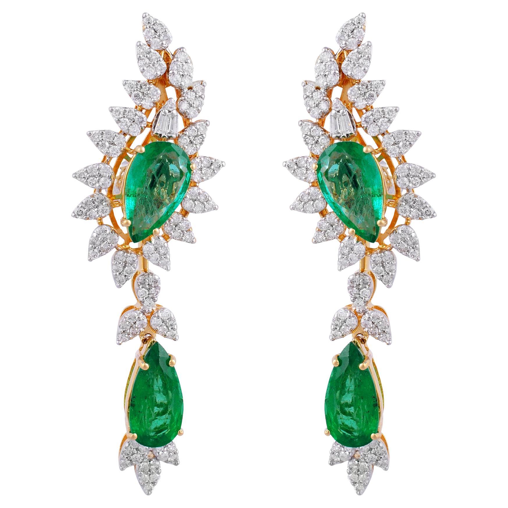Pear Natural Emerald Gemstone Ear Cuff Earrings Diamond 18 Karat Yellow Gold