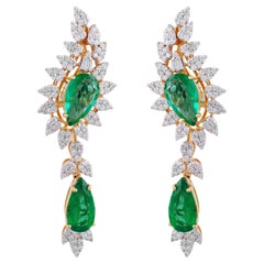 Pear Zambian Emerald Gemstone Ear Cuff Earrings Diamond 18 Karat Yellow Gold