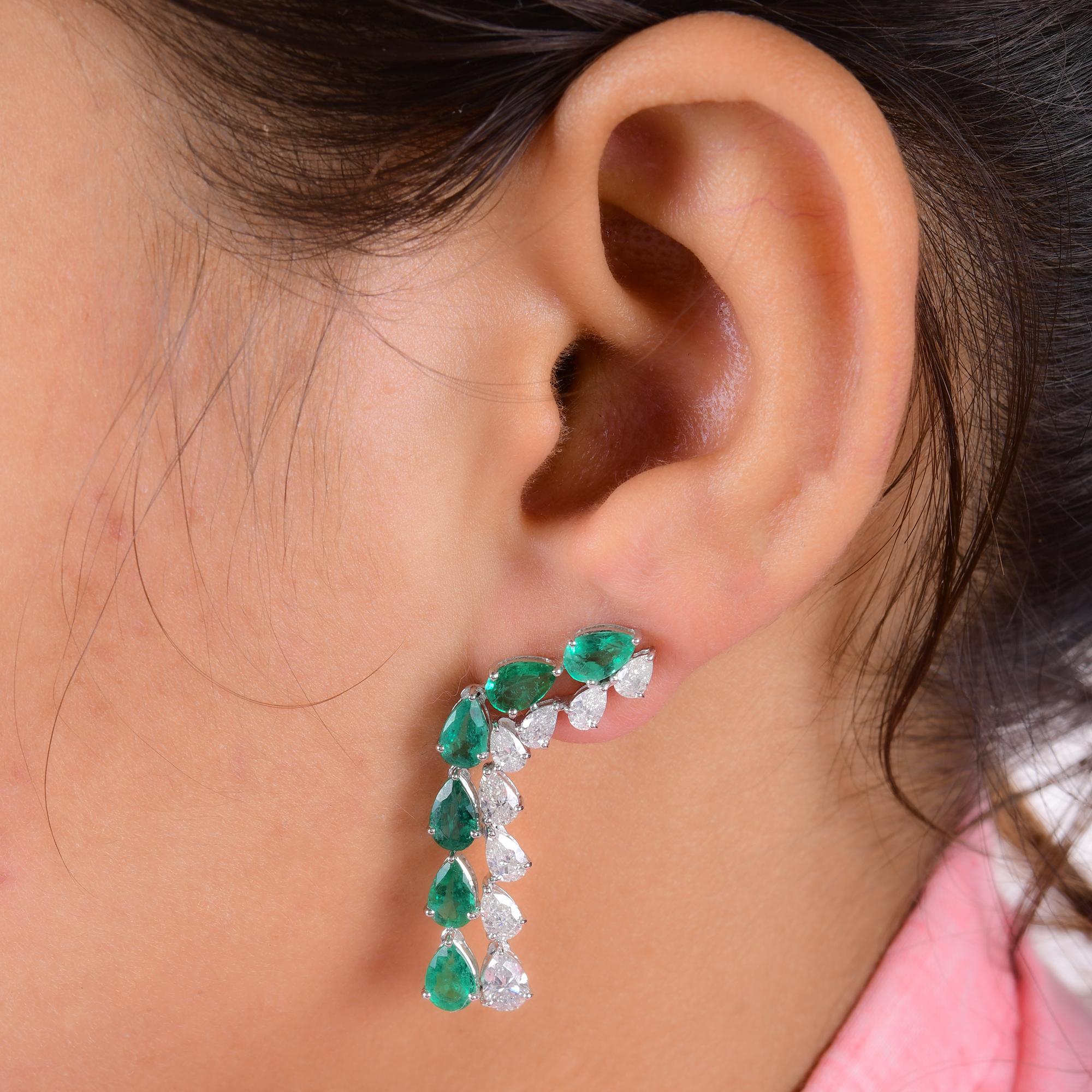 Modern Pear Zambian Emerald Gemstone Earrings Diamond 14 Karat White Gold Fine Jewelry For Sale
