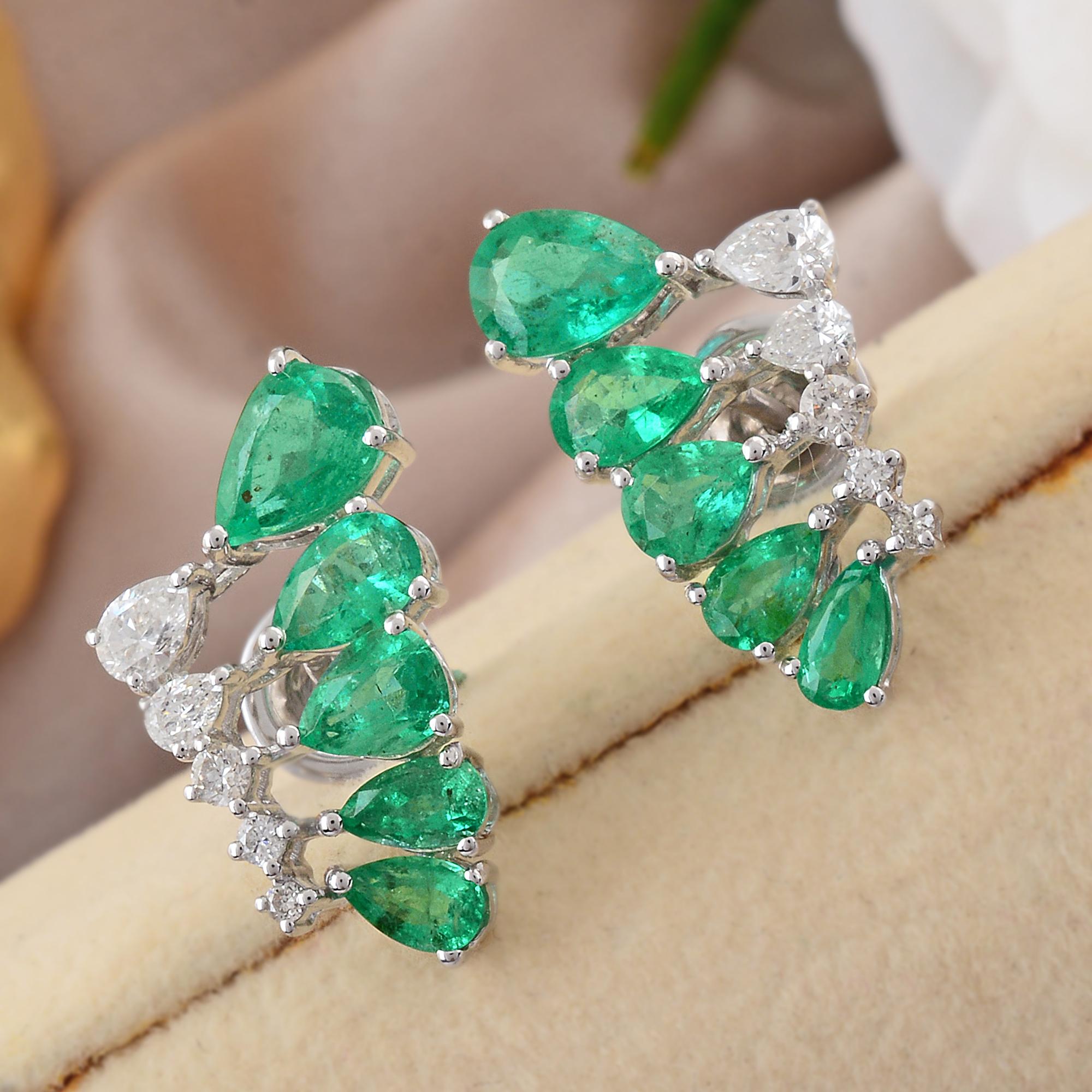 Modern Pear Zambian Emerald Gemstone Earrings Diamond 14 Karat White Gold Fine Jewelry For Sale