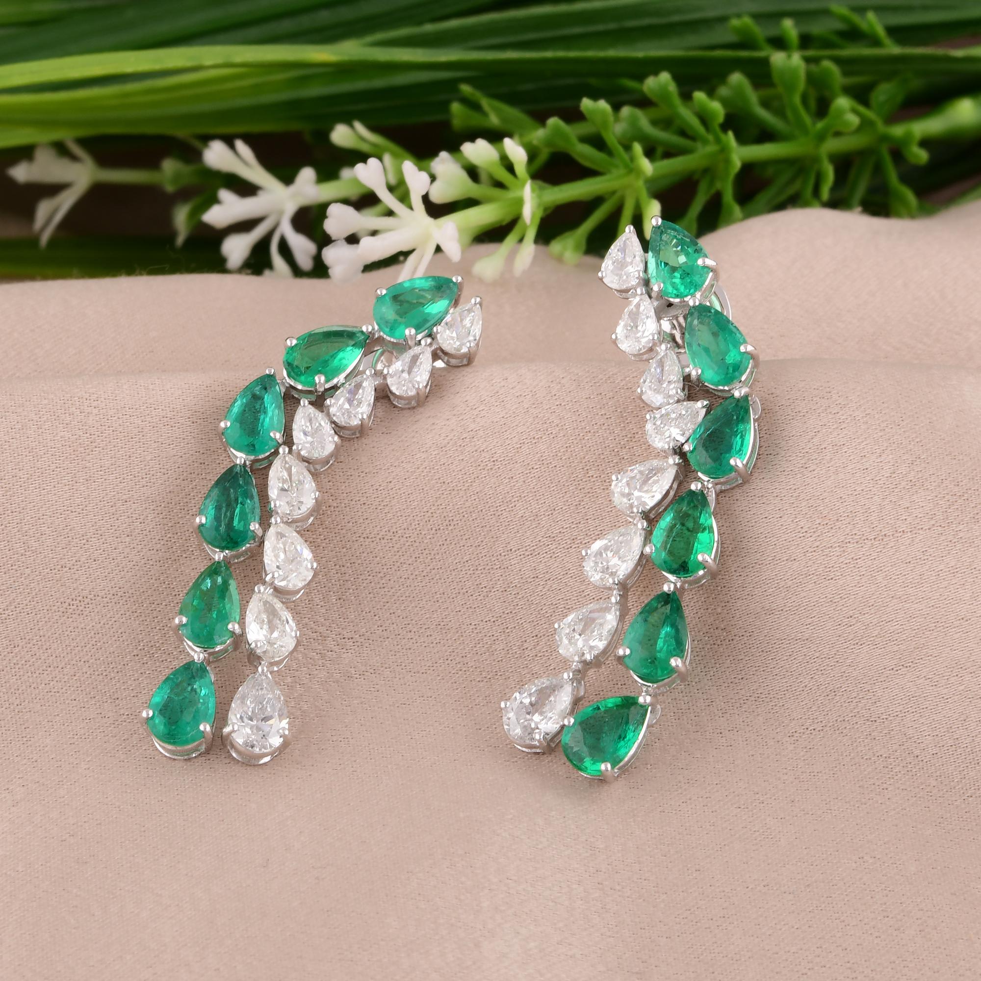 Pear Cut Pear Zambian Emerald Gemstone Earrings Diamond 14 Karat White Gold Fine Jewelry For Sale