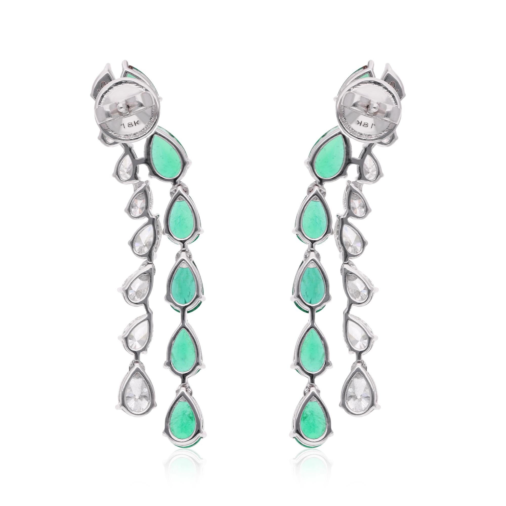 Women's Pear Zambian Emerald Gemstone Earrings Diamond 14 Karat White Gold Fine Jewelry For Sale